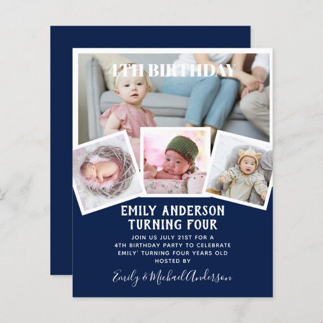 4º Aniversário Colagem de Fotos Convidam Menina Mi (Frente/Verso)