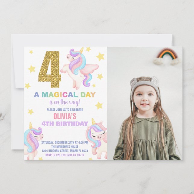 4º Convites de Aniversário do Rainbow Unicorn com  (Frente)