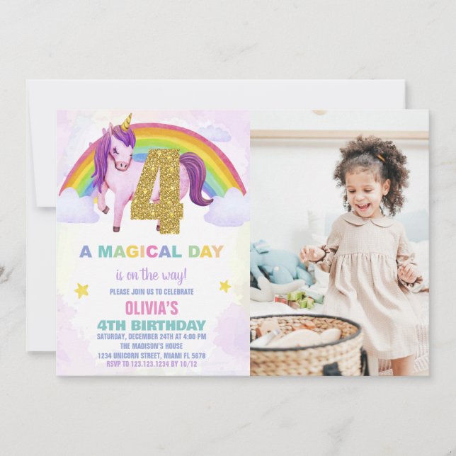 4º Convites de Aniversário do Rainbow Unicorn com  (Frente)