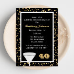 40º Convite de aniversário surpresa<br><div class="desc">Este convite de festas personalizado de aniversário de 40 anos Surpresa apresenta um confete ouro sobre preto no fundo com um vidro para um brinde e o fazer número "40" para uma maneira moderna de excelente de convidar convidados para uma festa de aniversário surpresa 40. Direitos autorais</div>