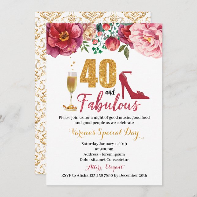 40 e Fabuloso Convite de Aniversário para Mulheres (Frente/Verso)