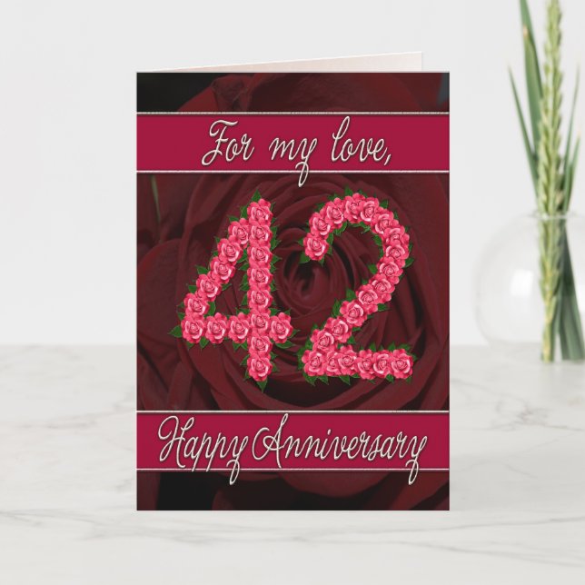 42nd cartão do aniversário com rosas e folhas (Frente)