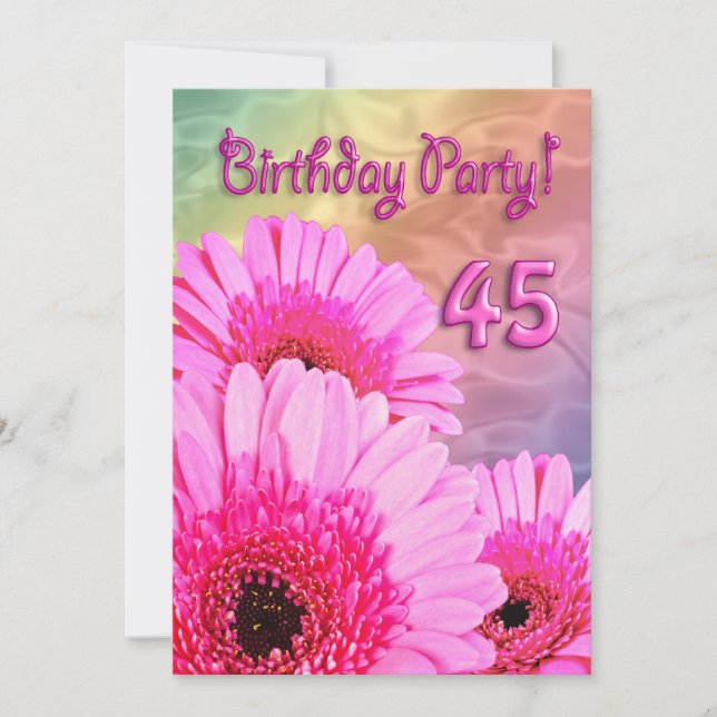 45º Convite de aniversário com flores rosa (Frente)