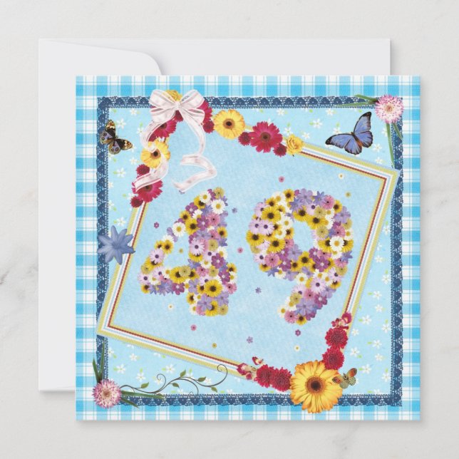 49º flores do Convite de aniversário, borboletas (Frente)