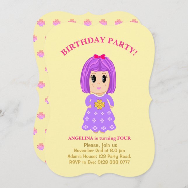 4.º Convite de Aniversário para Garota Bonita (Frente/Verso)