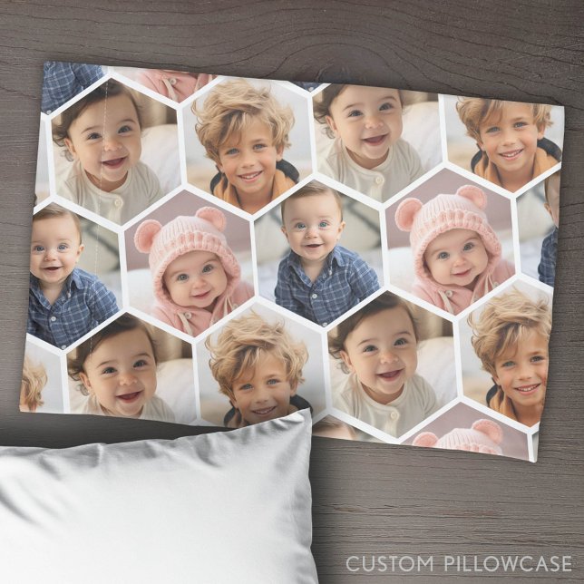 4 Colagem de Fotos - padrão de hexágono de mel fun (Custom Pillowcase with Photo Collage)