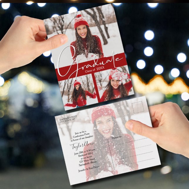 4 Convite para Festa de formatura Vermelha Cardeal (4 Photo Cardinal Red Graduation Party Invitation Postcards)