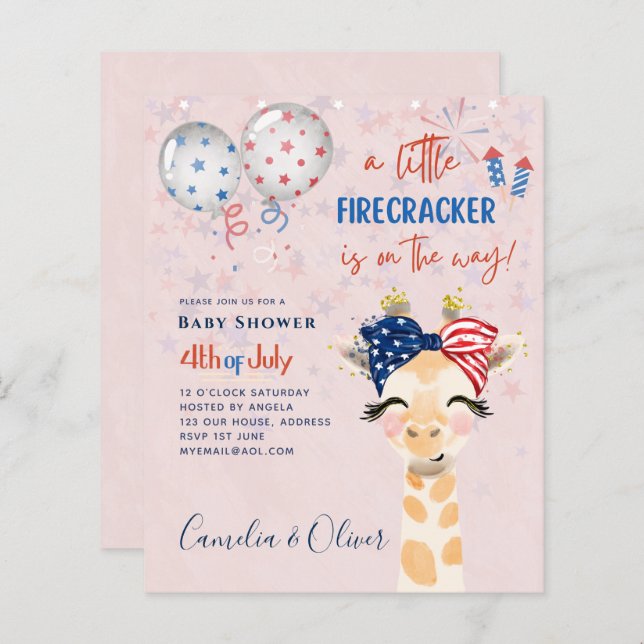 4 de julho CHÁ DE FRALDAS CONVITE o Firecracker Gi (Frente/Verso)