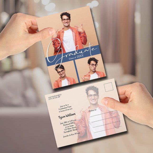 4 Foto, Festa de formatura Azul Convite (4 Photo Blue Graduation Party Invitation Postcard)