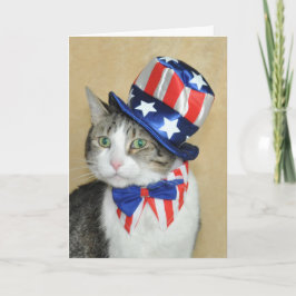 4o patriótico do gato malhado de julho e do cartão