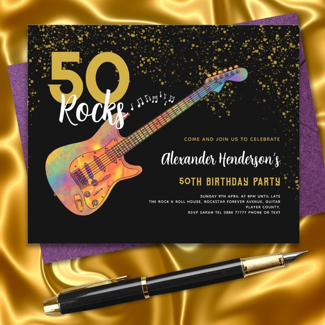 50ª Festa de aniversário 50 Rochas Douradas Glitte (Rock and Roll 50th birthday party black and gold glitter budget invitation funky electric guitar)