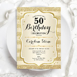 50ª Festa de aniversário - Convite Dourado<br><div class="desc">50º Convite de aniversário. Design elegante em ouro. Apresenta fitas de ouro com brilho sutil,  fonte de script na moda e confetti. Perfeito para uma comemoração de glam.</div>