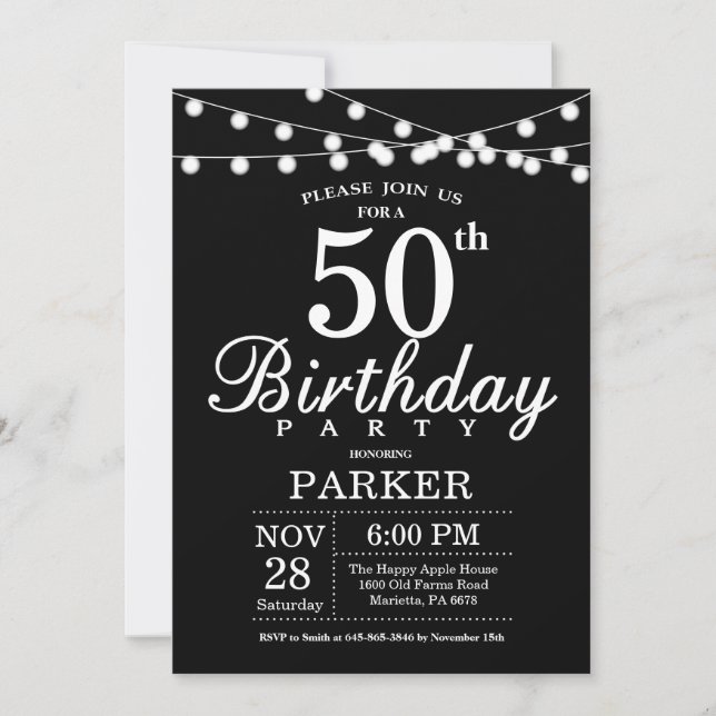 50º Aniversário Convite Preto e Branco (Frente)