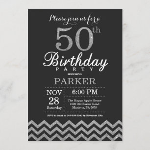 50º Aniversário Convite Preto e Luminoso Prateado