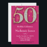 50º Aniversário Convite Rosa Diamantes Dourados Ad<br><div class="desc">Um elegante 50º convite de aniversário,  de cor-de-rosa-quente e ouro,  com grandes 50 diamantes e aparência de ouro,  junto com uma cortina de ouro brilhante. Para a mulher do 50º aniversário na sua vida.</div>