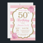 50º Aniversário Convite Rosa e Dourado Floral<br><div class="desc">50º Convite de Aniversário. Rosa e Dourado. Dourada Glitter. Listras brancas e rosa. Flor Floral Rosa. Aniversário Adulto. Festa de aniversário feminina. Para mais personalização,  clique no botão "Personalizar" e use nossa ferramenta de design para modificar este modelo.</div>