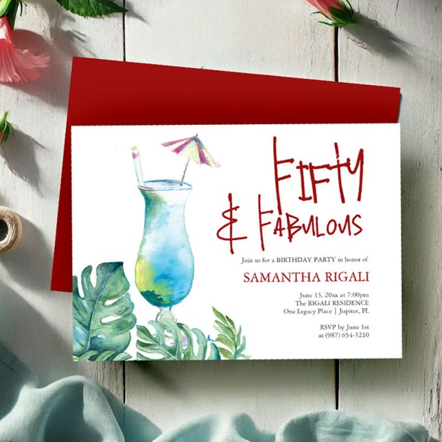 50º Aniversário Convite Tropical Cocktail (50th birthday invitations tropical cocktail and palm leaf watercolor art by Victoria Grigaliunas)