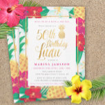 50º Aniversário Convites de Luau | Rosa e Dourado<br><div class="desc">Leau de 50 anos,  cor-de-rosa e dourado,  com flores tropicais e abacaxis divertidos e bonito,  com sotaques dourados. Perfeito para uma festa de 50 anos.</div>