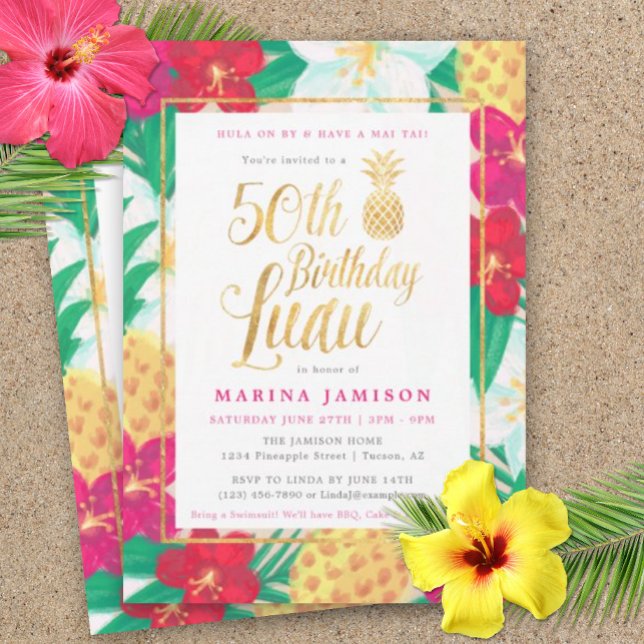 50º Aniversário Convites de Luau | Rosa e Dourado (50th Birthday Luau)