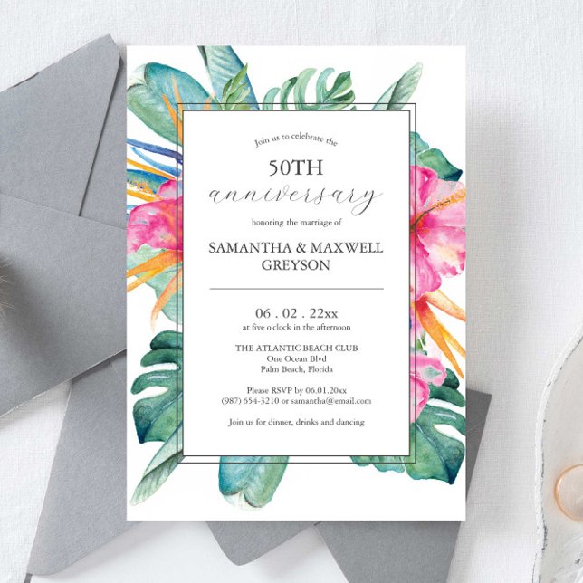 50º aniversário de casamento Convites tropicais (50th anniversary wedding anniversary invitations watercolor  tropical flowers and palm leaves)