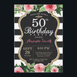 50º Aniversário do Convite Mulheres. Preto Dourado<br><div class="desc">50º Convite de Aniversário para Mulheres. Convidar Festa de aniversário Preta e Dourada. Dourada Glitter. Flor Floral Cor de Água Rosa. Black and White Stripes. Chalkboard. Digital Imprimível.
Para mais personalização,  clique no botão "Personalizar" e use a ferramenta design para modificar este modelo.</div>