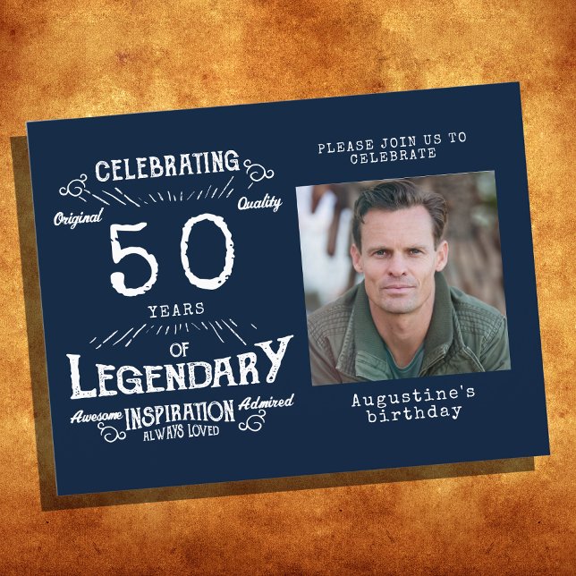 50º Aniversário Foto Azul Vintage Convite de Anive (Criador carregado)