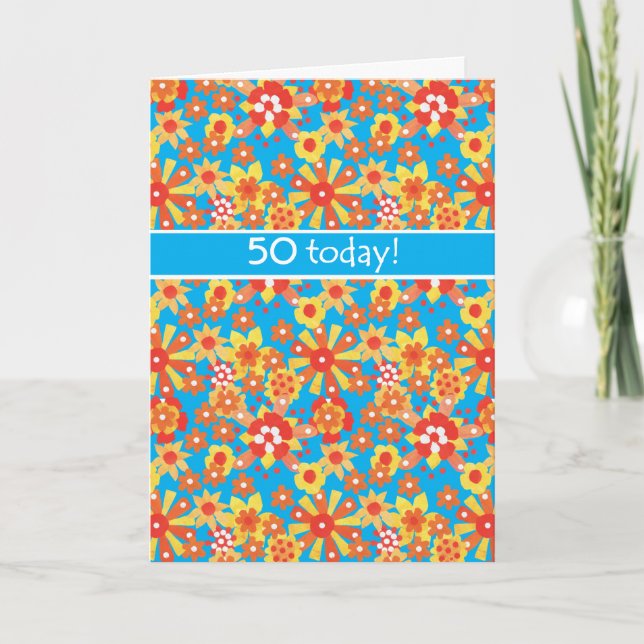 50º Cartão de Aniversário, Flores Laranja Ditsy (Frente)