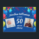 50º Convite de aniversário, 2 Fotos, Balões<br><div class="desc">Comemore um aniversário de um marco com este cartão postal divertido com duas fotos enquadradas por balões coloridos.  Perfeito para qualquer aniversário que você possa facilmente mudar o ano.  Adicione todos os detalhes da sua festa no verso.</div>