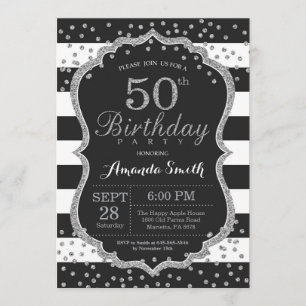 50º Convite de Aniversário. Brilho preto e prate