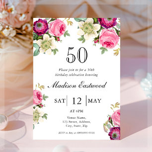 50º Convite de Aniversário, Cor-de-Rosa Floral