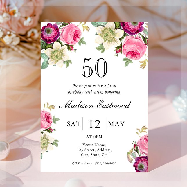 50º Convite de Aniversário, Cor-de-Rosa Floral (Criador carregado)