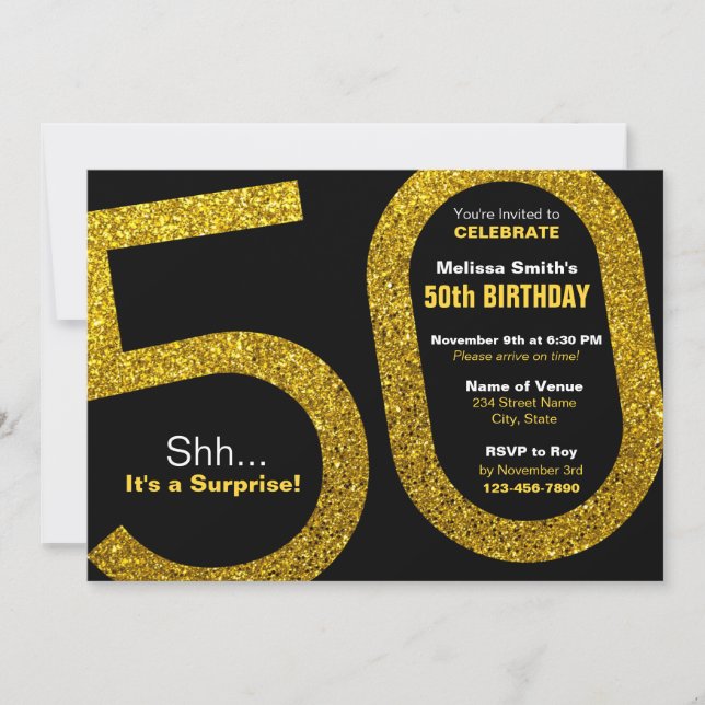 50º Convite de Aniversário de Glitter Dourado (Frente)