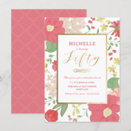 50º Convite de Aniversário - Dourado, Elegante Flo