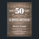 50º Convite de Aniversário para a Surpresa Russa<br><div class="desc">Rustic Surprise 50º Convite de Aniversário com Fundo Rustic Wood. Vintage Retro. Aniversário Adulto. Homens ou Mulheres Aniversário. Meninos Meninos ou Meninas Meninas Meninas Adolescentes Convidam. 13 15 16º 18º 20 21rua 30 40º 50º 60º 80 de 70 100º. Qualquer Idade. Para mais personalização, clique no botão "Personalizar" e use...</div>