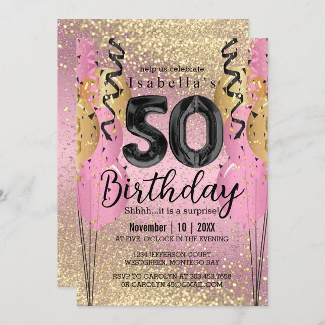 50º Convite de Aniversário, Rosa e Dourado, à Bril (Frente/Verso)