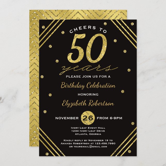 50º Convite de aniversário, Saúde, Faux Dourado (Frente/Verso)