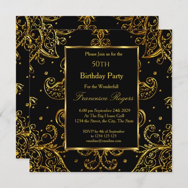 50º Convite Dourado para Festas de aniversário de  (Frente/Verso)