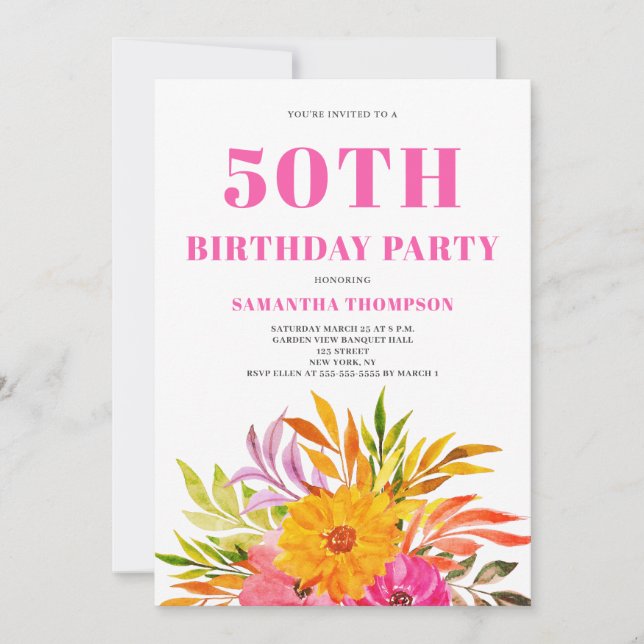 50º Convite oral Tropical Rosa de Aniversário (Frente)