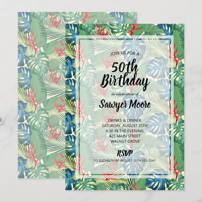 50º Convites de aniversário Tropicais (Frente/Verso)