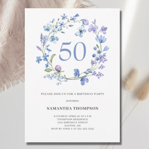 50. º Aniversário, Blue Floral Watercolor Convite