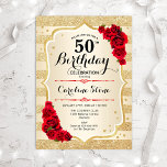 50.º aniversário - Convite para Rosas de faixas Do<br><div class="desc">50º Convite de Aniversário. Design elegante em ouro e vermelho. Apresenta faixas de ouro com brilho sutil,  fonte de script do rosa vermelha na moda e confetti. Perfeito para uma festa de aniversário de vidro.</div>