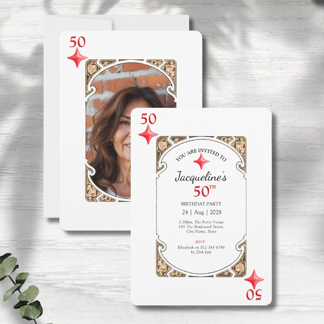 50.º Aniversário do Cartão de Jogada Diamante (50th birthday party invitations in an art deco playing card style on a grey wood background.)