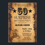 50.º Convite de Aniversário do Oeste<br><div class="desc">Surpreenda o 50º Convite de Aniversário do Oeste. Festa de aniversário do Tema Oeste Selvagem de Cavalo de Cowboy. Fundo Rustic Wood Country.
Para mais personalização,  clique no botão "Personalizar" e use a ferramenta design para modificar este modelo.</div>