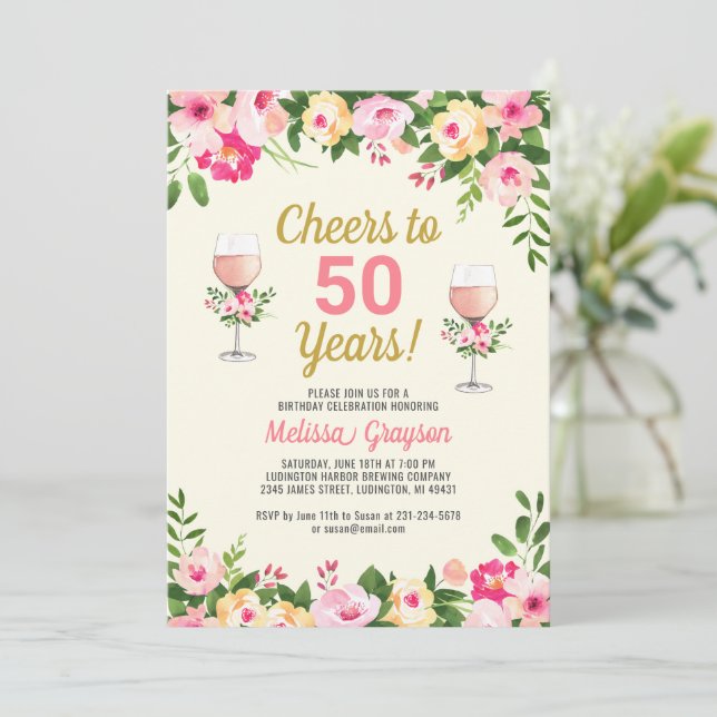 50.º Convite para o Aniversário Feminina Floral (Em pé/Frente)