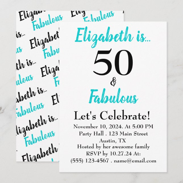 50 e Fabuloso Convite de Script Preto Turquesa (Frente/Verso)
