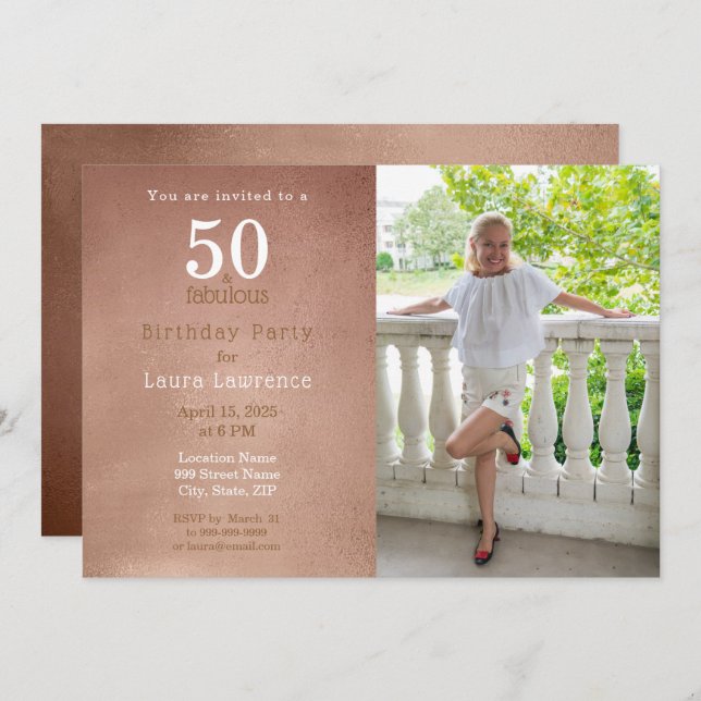 50 e Fabuloso Rosa Dourado 50º Convite de Aniversá (Frente/Verso)