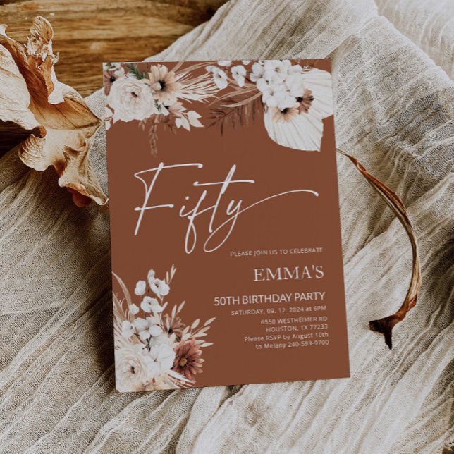 50.o Convite de aniversário Terracotta Boho Pampas (Criador carregado)