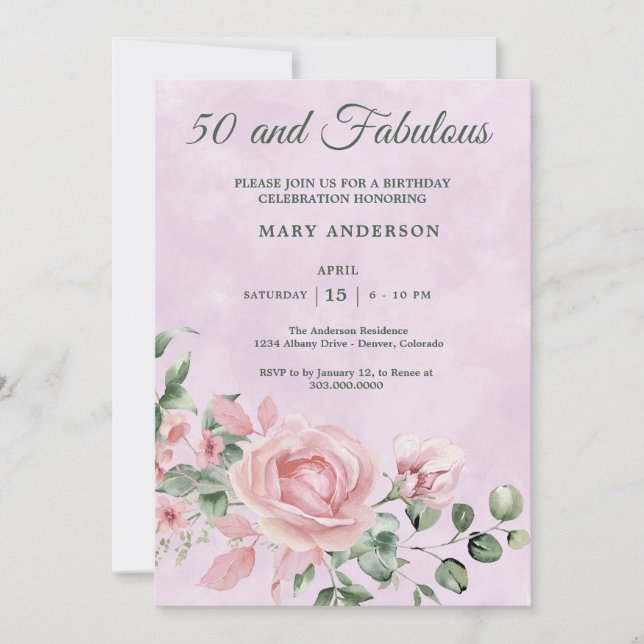 50.o convite para o aniversário floral do rosa (Frente)