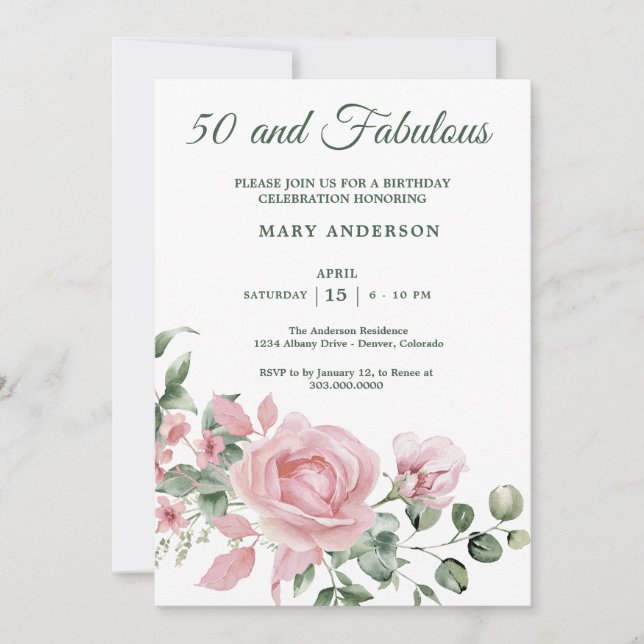 50.o convite para o aniversário floral do rosa (Frente)