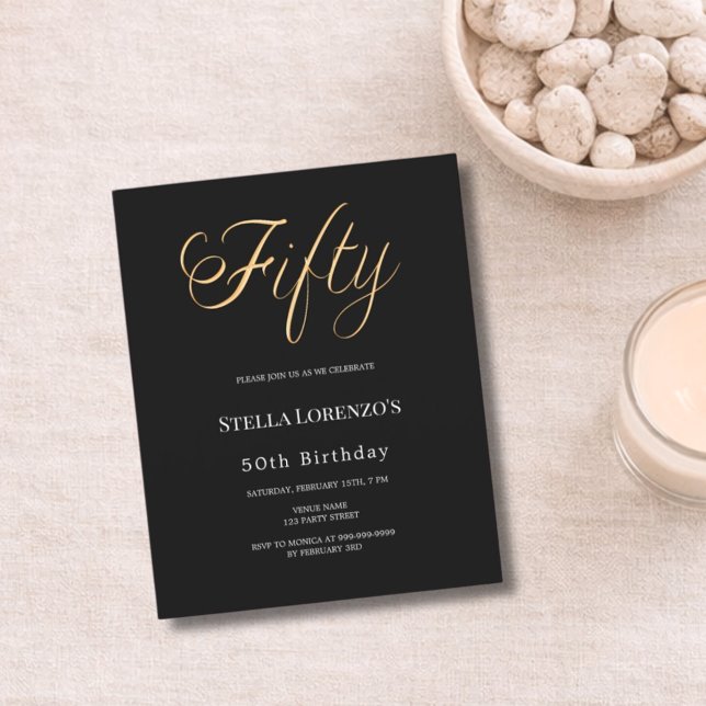 50th birthday black gold typography invitation (Criador carregado)